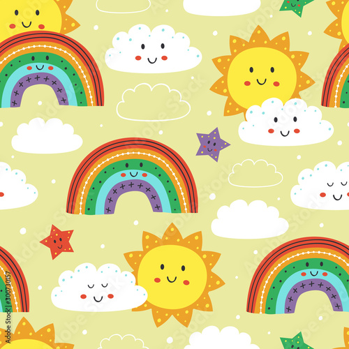 seamless pattern with cute sun, rainbow and cloud  - vector illustration, eps    