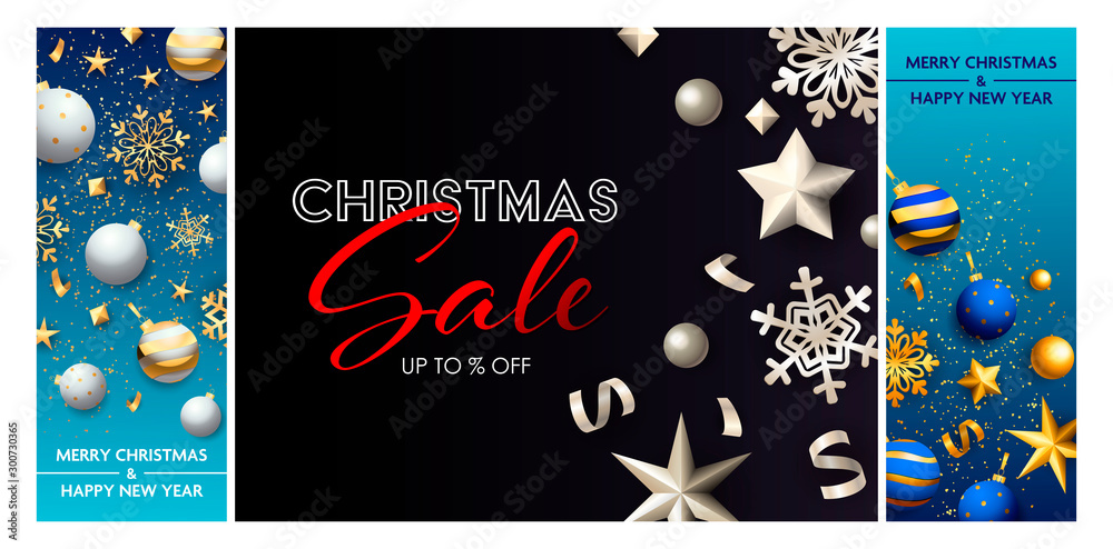 Naklejka premium Christmas sale blue, black banner set with baubles