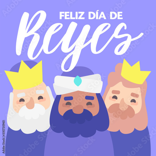 The three kings of orient, Melchior, Gaspard and Balthazar, on a purple background. Christmas vectors. Happy Epiphany written in Spanish