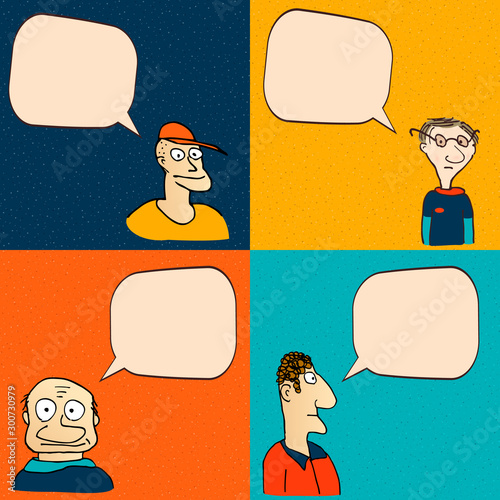Comic faces with speech bubbles.