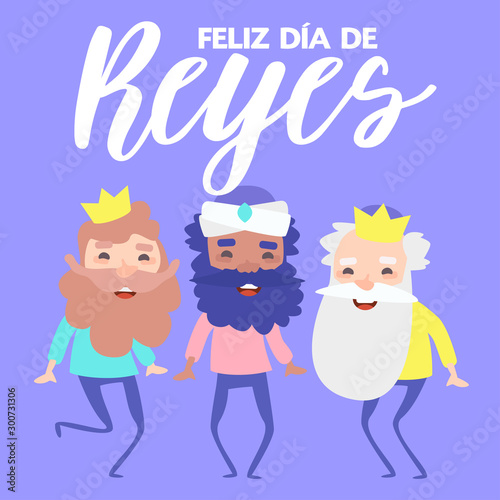 The three kings of orient, Melchior, Gaspard and Balthazar, on a purple background. Christmas vectors. Happy Epiphany written in Spanish