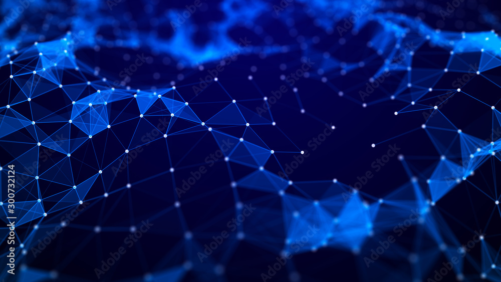Obraz premium Network connection structure. Big data digital blue background. Science background with connected dots, lines and triangles. 3d rendering.