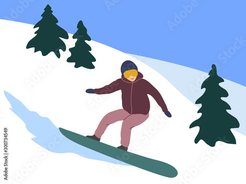 Adult person, male or female, riding a snowboard in the mountainside. Doing winter outdoors activities. Flat vector illustration