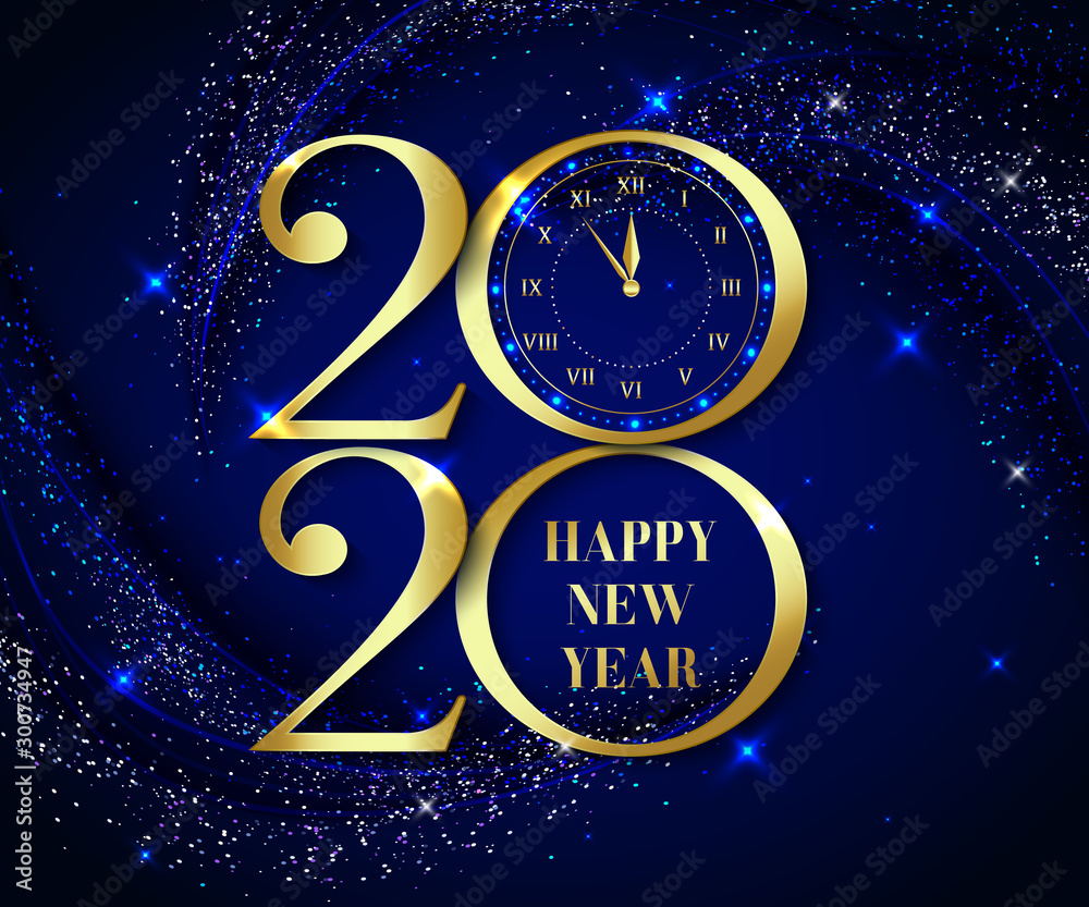 Naklejka premium New Year 2020 logo text design with gold sparks, clock on blue background. Vector illustration