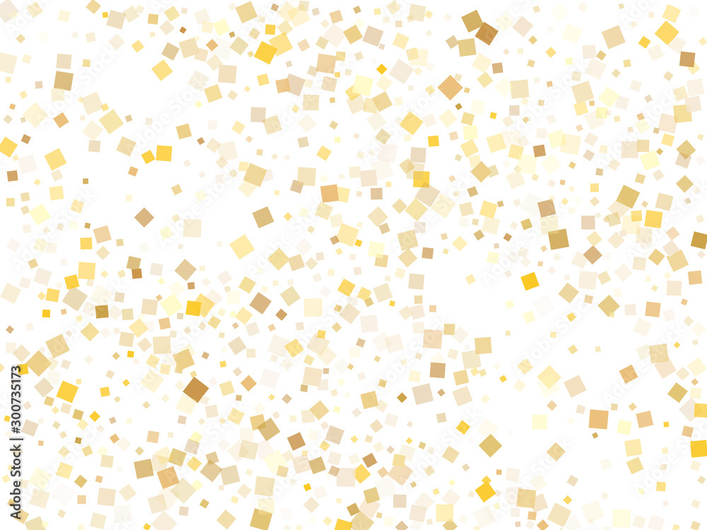 Stylish gold confetti sequins tinsels flying on white. VIP holiday vector sequins background. Gold foil confetti party pieces illustration. Overlay sparkles surprise backdrop.