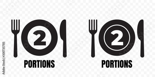 2 portions, food meal package vector icons. Plate with fork and knife label for two portions food recommendation sign