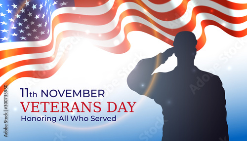 Happy veterans day banner, waving american flag, silhouette of a saluting us army soldier veteran on blue sky background. US national day november 11. Poster, typography design, vector illustration