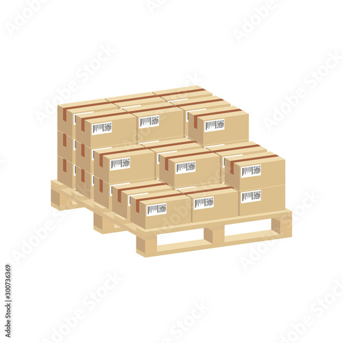 Shipping parcels in cardboard boxes, packed on pallet.Vector isometric and 3D view.