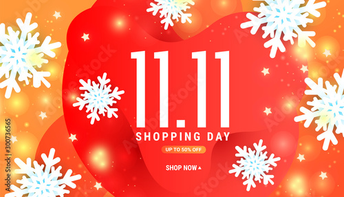 Creative composition 11.11 sale vector discount template with 3D white snowflakes and liquid gradient shape with gold glitter on a red background. Vector illustration