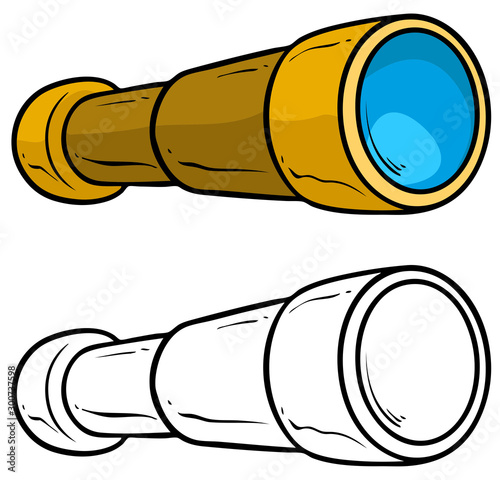 Cartoon wooden small handheld spyglass telescope. Isolated on white background. Vector icon for coloring.