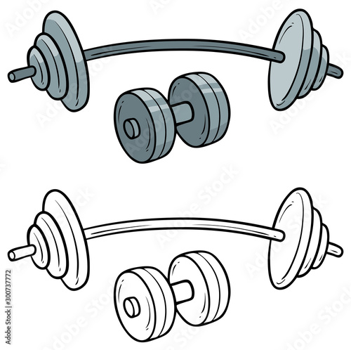 Cartoon metal sport barbell and dumbbell. Isolated on white background. Vector icon for coloring.