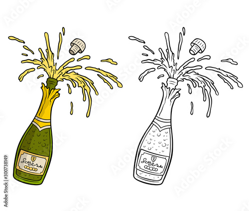 Cartoon glass open bottle of champagne explosion with cork and paper label. Isolated on white background. Vector icon for coloring.