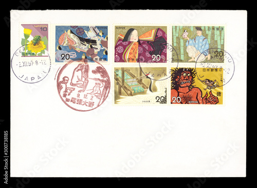Luftpost airmail Japan Nippon gestempelt Briefmarken Märchen Oni Geschichten Kaguya Hime Prinzessin Kimono vintage retro Kranich Tsuru Bambus Däumeling photo