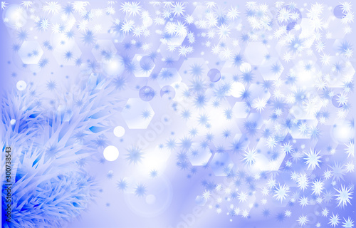Winter blue background with a frozen branch, transparent circles, snowflakes and highlights © Volnnata