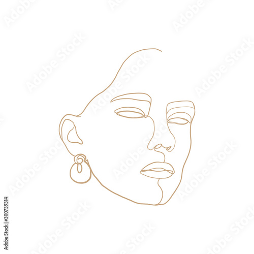 Continuous line, drawing of beauty woman face with earring , fashion concept, woman beauty minimalist, vector illustration for t-shirt slogan design print graphics style. One line fashion illustration