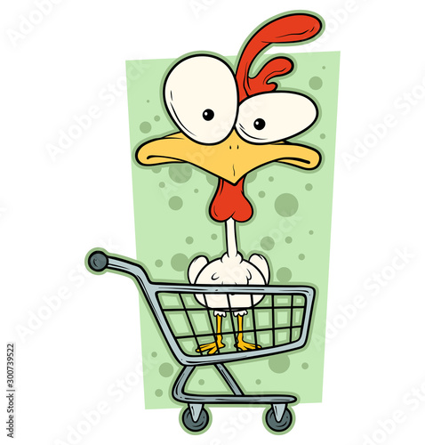 Cartoon colorful funny cute crazy chicken with big eyes in supermarket cart. Isolated on white background. Vector icon.