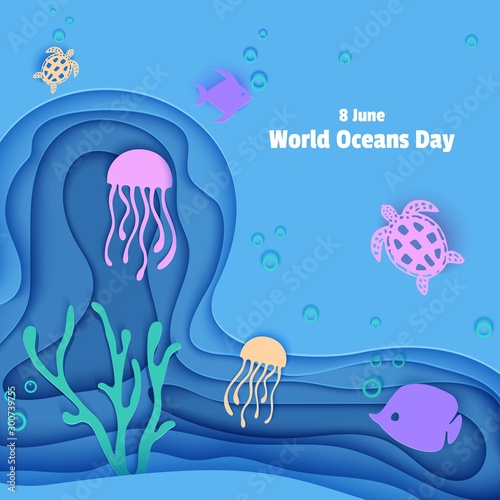 Paper cut butterflyfish, jellyfish, moonfish, turtle. Paper craft square background underwater ocean cave with fishes coral reef seabed in algae waves. Diving concept deep blue marine life, Vector sea