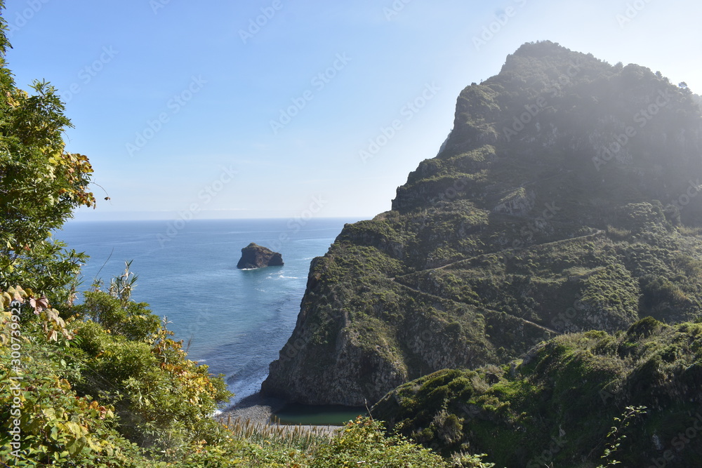 Hiking trail to Sao Lourenco with the blue ocean in Madeira, Portugal