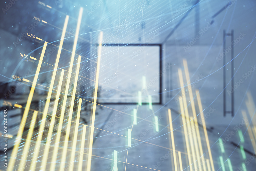 Obraz premium Stock market chart with trading desk bank office interior on background. Double exposure. Concept of financial analysis