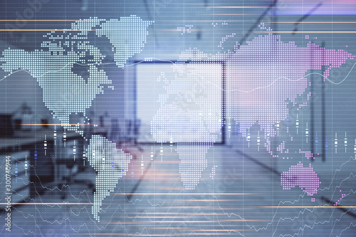 Stock and bond market graph and world map with trading desk bank office interior on background. Multi exposure. Concept of international finance