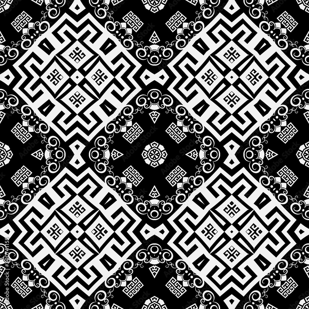 Elegant beautiful black and white tribal vector seamless pattern. Ornamental greek ethnic background. Geometric repeat backdrop. Decorative greek key meander ornament with swirls, flowers, shapes.