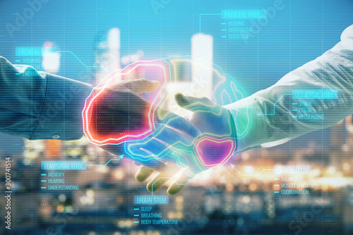 Double exposure of human brain hologram on city view background with handshake. Concept of education