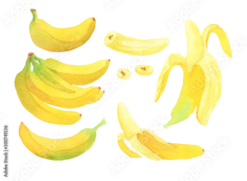 Set of yellow bananas on a white background