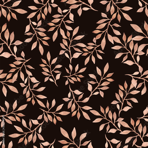 Pale pink branches with leaves on dark maroon-brown background. Seamless beautiful pattern. Hand-painted botanical illustration.