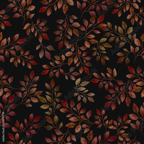 Colorful autumn branch with leaf on black background. Watercolor seamless pattern.