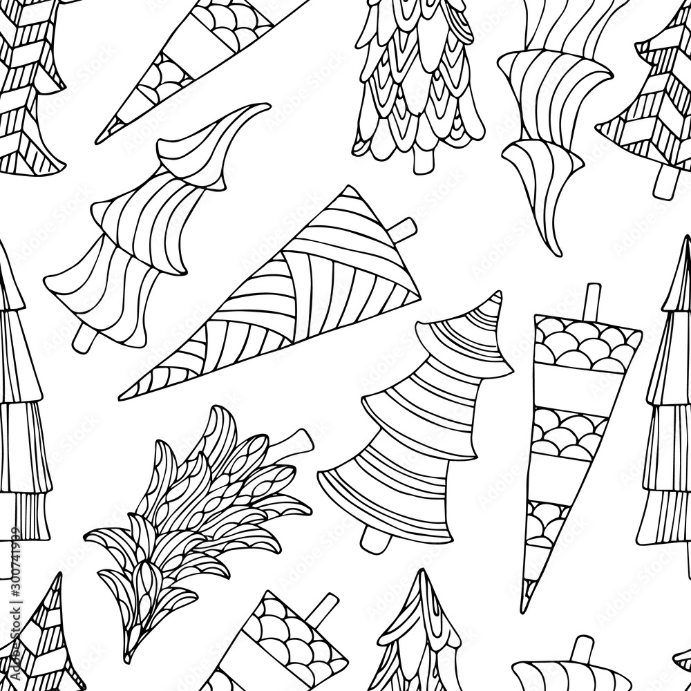 Christmas tree seamless pattern. Hand drawn coloring page. Vector ...
