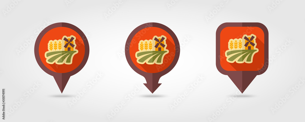 Field with windmill and ears of wheat pin map icon Field with windmill and ears of wheat pin map icon