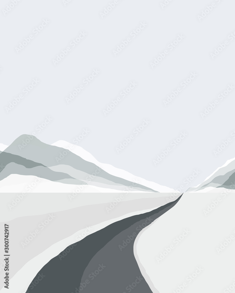 Abstract landscape winter background. Silhouette of the mountain, sky and road view, geometric composition. Poster of landscape in blue and gray cold trendy colors. Vector illustration.