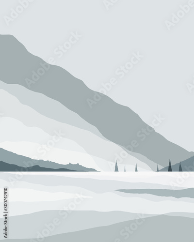 Abstract landscape winter background. Silhouette of the mountain and sky and pine trees, geometric composition. Poster of landscape in blue and gray cold trendy colors. Vector illustration.