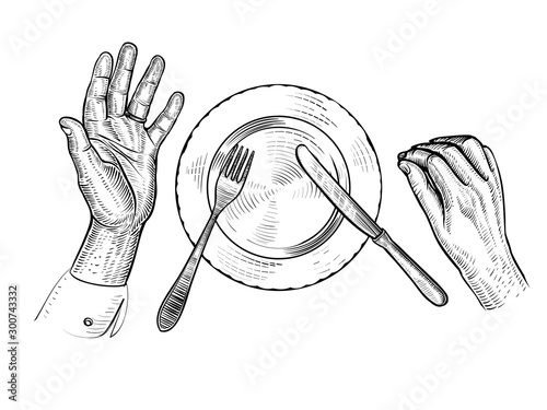 Man with empty plate. Hands, plate, fork, knife, top view. Vector line illustration.