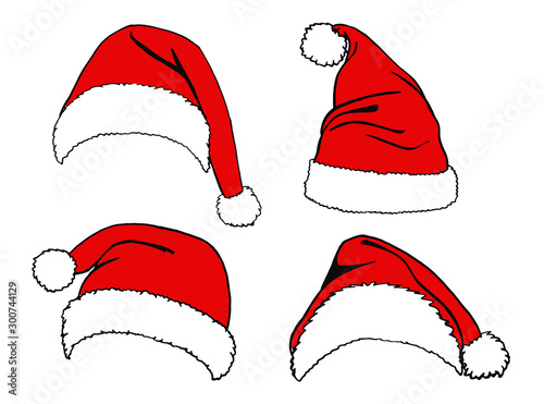 Graphical set of red Santa Claus hats isolated on white background,vector illustration for designers