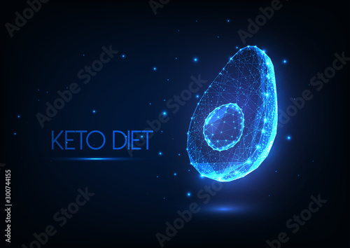 Futuristic glowing low polygonal ketogenic diet concept with avocado half