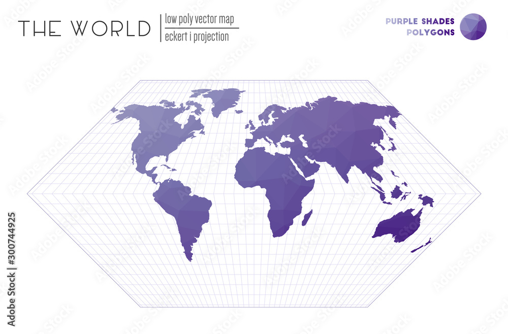 Polygonal world map. Eckert I projection of the world. Purple shades colored polygons. Modern vector illustration. Polygonal world map. Eckert I projection of the world. Purple shades colored polygons. Modern vector illustration.