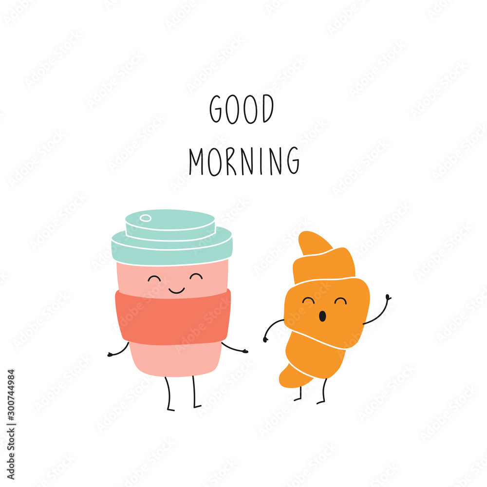 Cartoon coffee cup, croissant, good morning, funny character ...