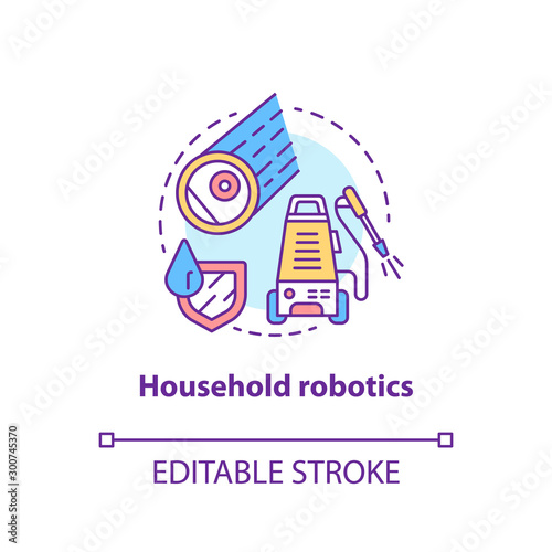 Household robotics concept icon. Domestic robot idea thin line illustration. Modern futuristic technologies. Automated cleaning machines. Vector isolated outline drawing. Editable stroke..