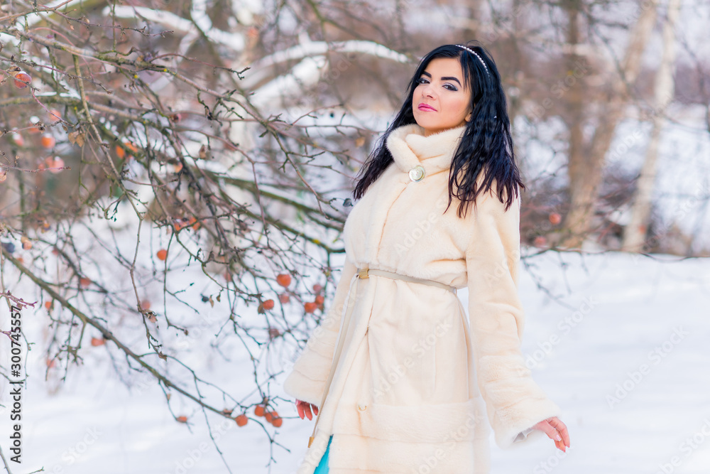 Christmas or New Year Holidays, magical atmosphere and pretty woman at snowy day. Inspiration and winter idea Christmas or New Year Holidays, magical atmosphere and pretty woman at snowy day. Inspiration and winter idea