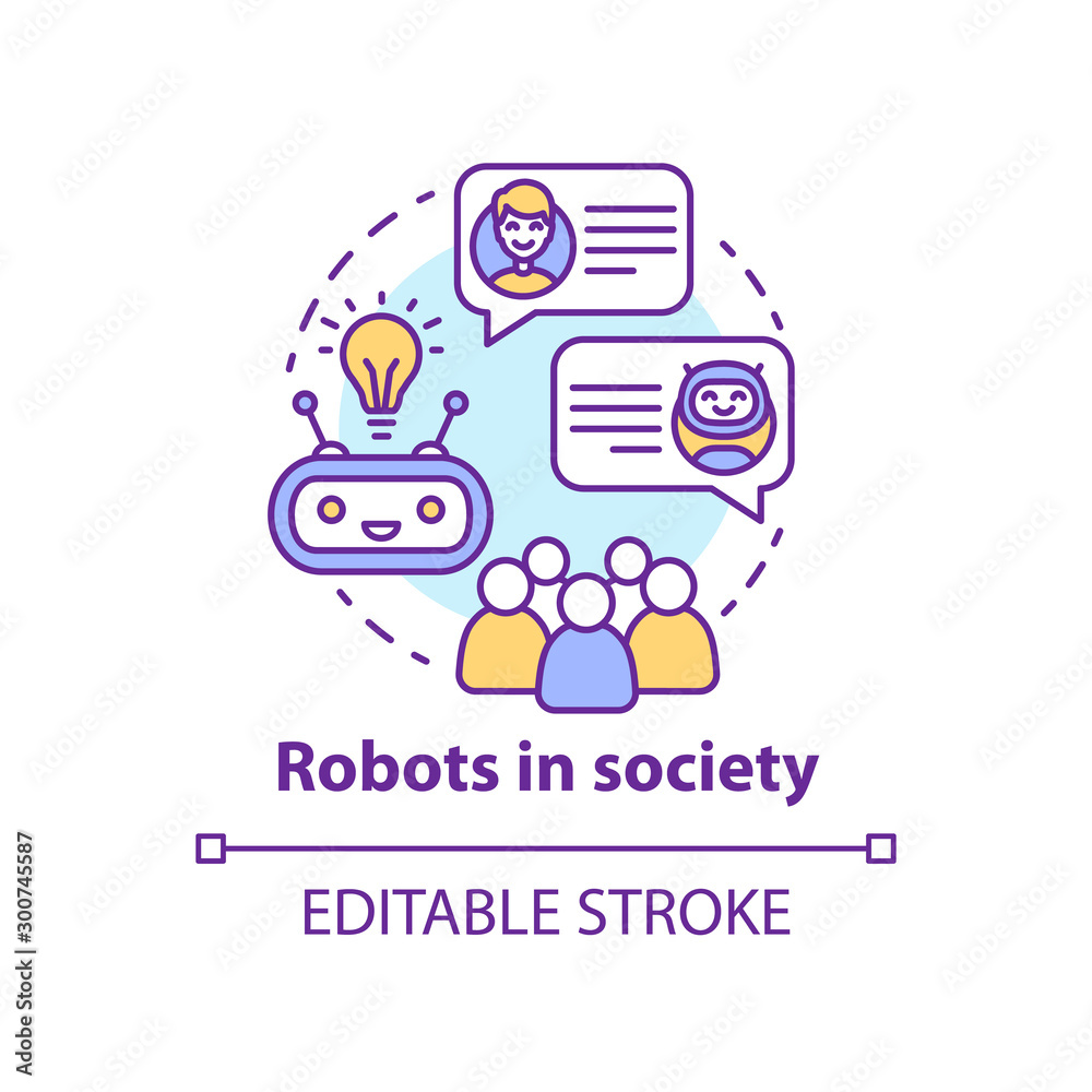 Robots in society concept icon. Communication with artificial intelligence idea thin line illustration. Interaction with futuristic technologies. Vector isolated outline drawing. Editable stroke.. Robots in society concept icon. Communication with artificial intelligence idea thin line illustration. Interaction with futuristic technologies. Vector isolated outline drawing. Editable stroke..