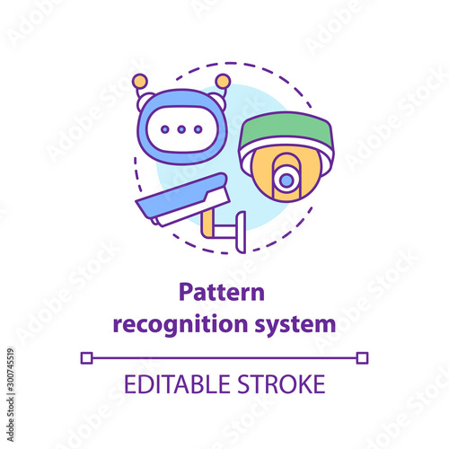 Pattern recognition system concept icon. Robotic surveillance idea thin line illustration. Innovative cctv cameras. Special futuristic electronics. Isolated outline drawing. Editable stroke.. ..