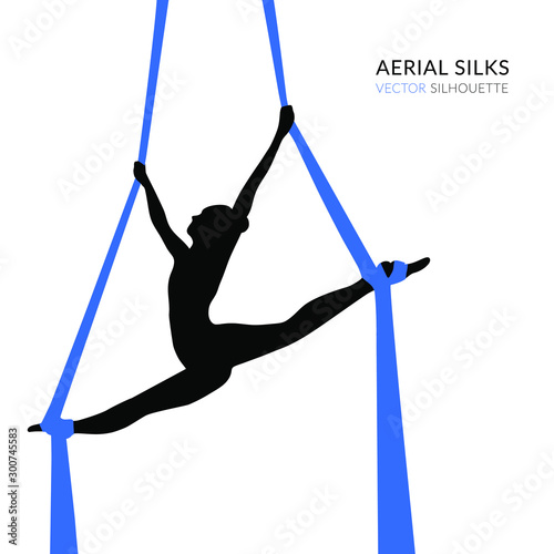 Silhouettes of a gymnast in the aerial silks. Vector illustration on white background. Air gymnastics concept
