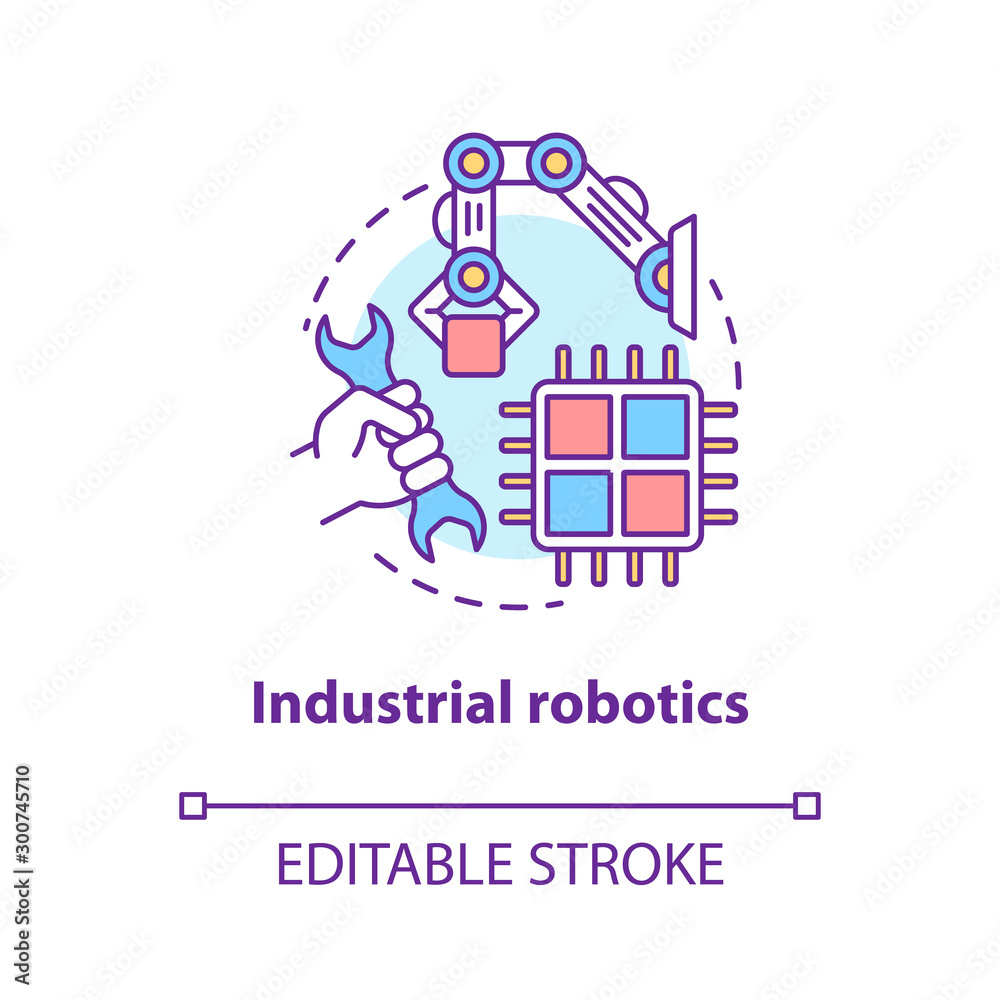 Industrial robotics concept icon. Building technology idea thin line illustration. Types of robots, classification. Computer machine constructing. Vector isolated outline drawing. Editable stroke..