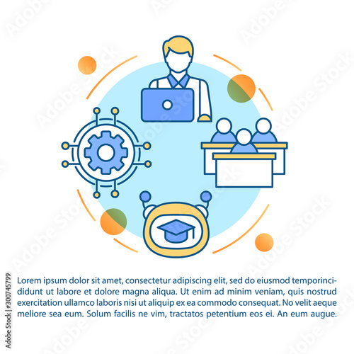 Online courses in robotics article page vector template. Machine learning and programming. Brochure, magazine, booklet design element with linear icons. Print design. Concept illustrations with text