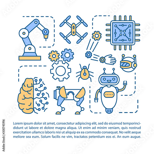 Robot machinery article page vector template. Cybernetics and artificial intelligence. Brochure, magazine, booklet design element with linear icons. Print design. Concept illustrations with text