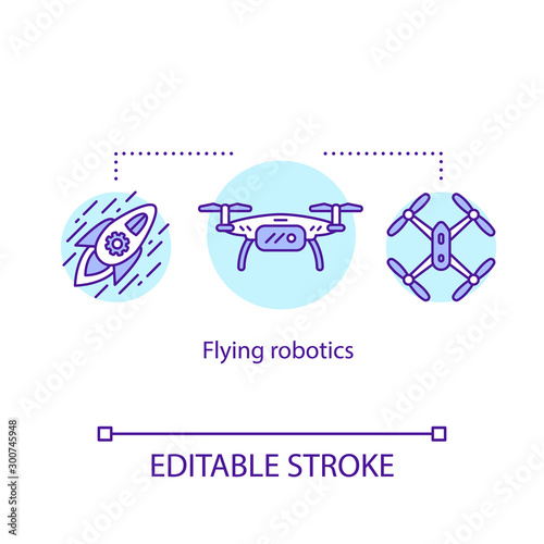 Flying robots concept icon. Unmanned aerial vehicles. UAV. Pilotless aircraft. Delivery drones. Rocket, copter idea thin line illustration. Vector isolated outline drawing. Editable stroke