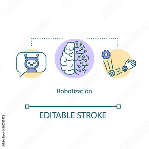 Robotization concept icon. Robotic process automation. Artificial intelligence technologies. Cybernetics idea thin line illustration. Vector isolated outline drawing. Editable stroke