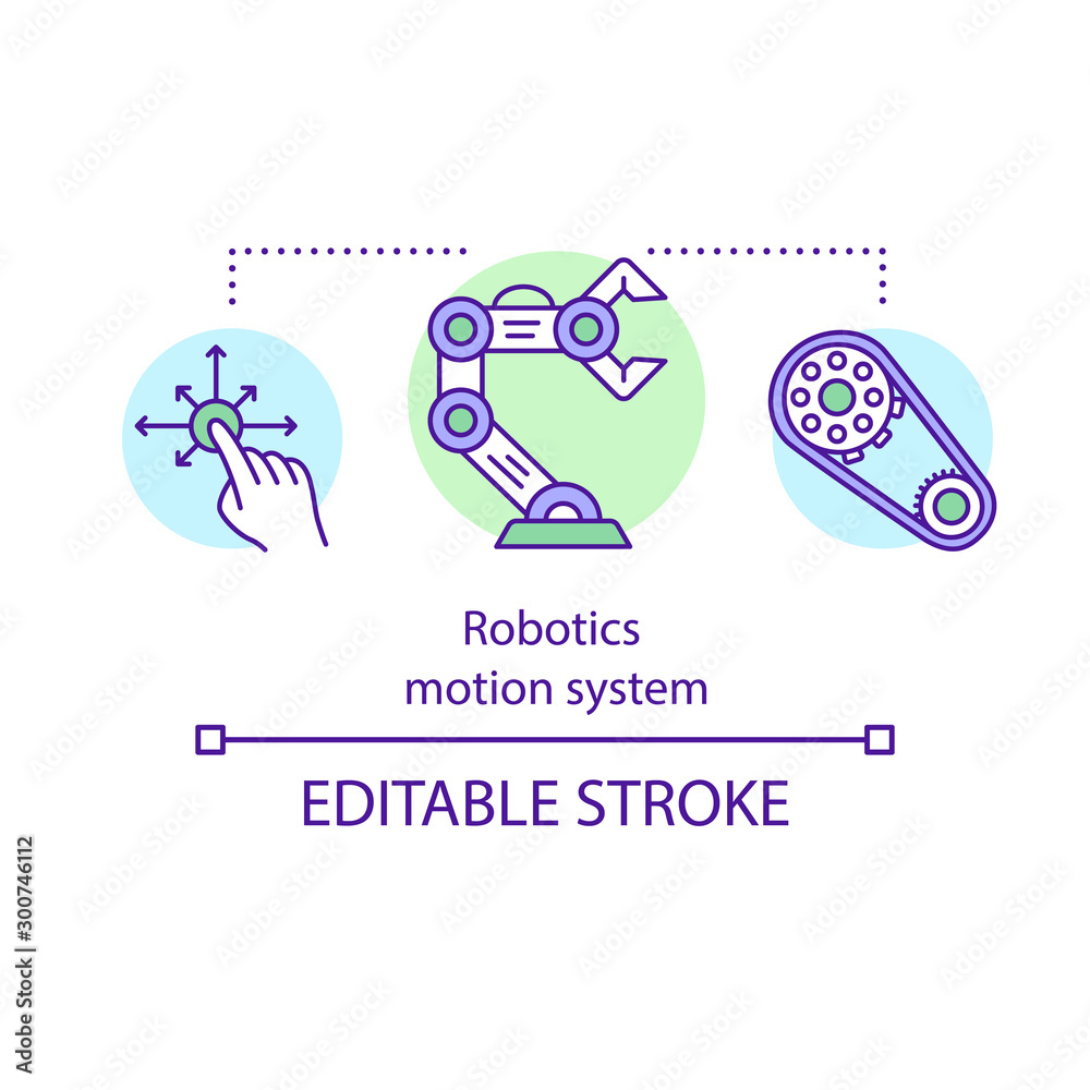 Robotics motion system concept icon. Dynamic robotic system. Multi degree of freedom machine. Operating robot manipulator idea thin line illustration. Vector isolated outline drawing. Editable stroke