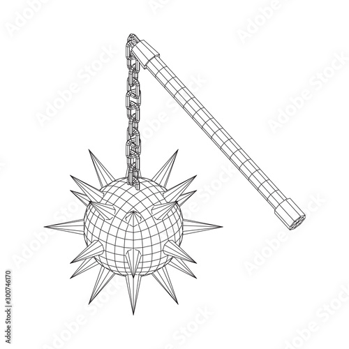 Medieval chained mace ball. Wireframe low poly mesh vector illustration.